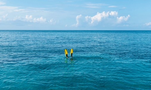 a person snorkeling in the ocean with a blue sky background